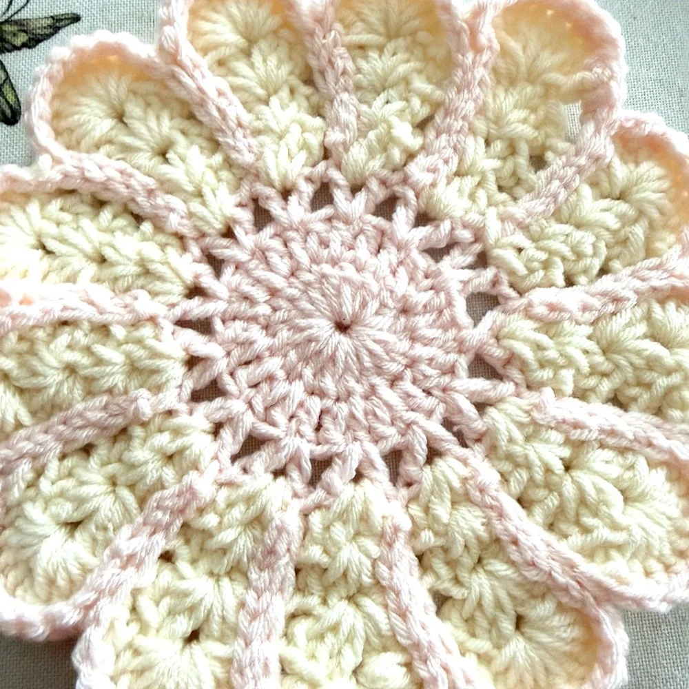 Handmade Crochet Flower Doily – Pink & Cream Floral Decor – 7x7 Inches